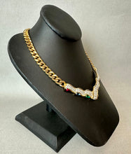 Load image into Gallery viewer, Vintage Goldtone Chunky Chain Clear &amp; Jeweltone Rhinestone V Necklace (16")
