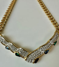 Load image into Gallery viewer, Vintage Goldtone Chunky Chain Clear &amp; Jeweltone Rhinestone V Necklace (16")
