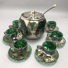 Load image into Gallery viewer, Venezia Murano Bohemian Green Silver Inlay Glass Covered Punch Bowl, Ladle &amp; 6 Cups (As Is)
