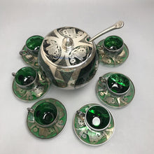 Load image into Gallery viewer, Venezia Murano Bohemian Green Silver Inlay Glass Covered Punch Bowl, Ladle &amp; 6 Cups (As Is)
