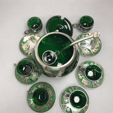 Load image into Gallery viewer, Venezia Murano Bohemian Green Silver Inlay Glass Covered Punch Bowl, Ladle &amp; 6 Cups (As Is)
