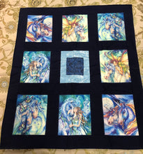Load image into Gallery viewer, Blue Handcrafted Quilt Featuring Morningmoon Faries (48x43)
