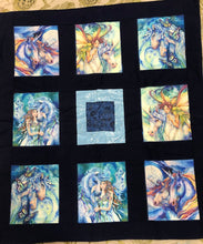 Load image into Gallery viewer, Blue Handcrafted Quilt Featuring Morningmoon Faries (48x43)
