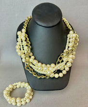 Load image into Gallery viewer, Vintage Layered Chain &amp; Faux Pearl Statement Necklace &amp; Stretch Bracelet Set NIB
