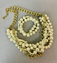 Load image into Gallery viewer, Vintage Layered Chain &amp; Faux Pearl Statement Necklace &amp; Stretch Bracelet Set NIB
