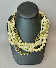 Load image into Gallery viewer, Vintage Layered Chain &amp; Faux Pearl Statement Necklace &amp; Stretch Bracelet Set NIB
