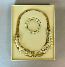 Load image into Gallery viewer, Vintage Layered Chain &amp; Faux Pearl Statement Necklace &amp; Stretch Bracelet Set NIB
