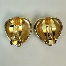 Load image into Gallery viewer, Vintage Erwin Pearl Goldtone Black Enamel Modernist Leaf Heart Clip Earrings (1")
