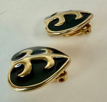 Load image into Gallery viewer, Vintage Erwin Pearl Goldtone Black Enamel Modernist Leaf Heart Clip Earrings (1")
