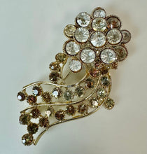 Load image into Gallery viewer, Vintage BSK Goldtone Aurora Borealis Rhinestone Flourish Brooch Pin (3")
