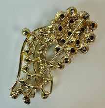 Load image into Gallery viewer, Vintage BSK Goldtone Aurora Borealis Rhinestone Flourish Brooch Pin (3")
