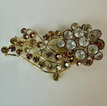 Load image into Gallery viewer, Vintage BSK Goldtone Aurora Borealis Rhinestone Flourish Brooch Pin (3")
