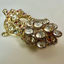Load image into Gallery viewer, Vintage BSK Goldtone Aurora Borealis Rhinestone Flourish Brooch Pin (3")
