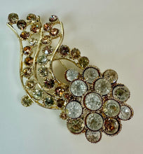 Load image into Gallery viewer, Vintage BSK Goldtone Aurora Borealis Rhinestone Flourish Brooch Pin (3")
