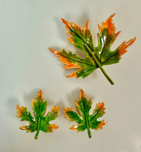 Load image into Gallery viewer, Vintage Mid Century Enameled Leaf 2.25" Brooch Pin &amp; 1.25" Clip Earrings Set
