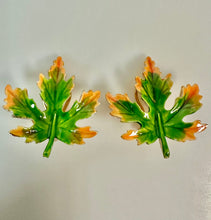 Load image into Gallery viewer, Vintage Mid Century Enameled Leaf 2.25" Brooch Pin &amp; 1.25" Clip Earrings Set
