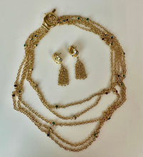 Load image into Gallery viewer, Vintage Jewel Toned Rhinestone Layered Satellite Chain 18" Necklace &amp; 1.75" Chain Fringe Earrings Set
