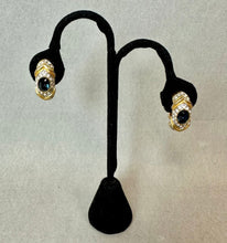 Load image into Gallery viewer, Vintage Nolan Miller Glamour Collection Blue Rhinestone Half Hoop Clip Earrings (1")
