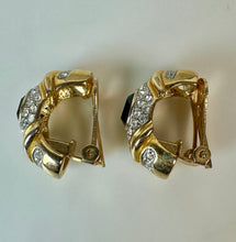 Load image into Gallery viewer, Vintage Nolan Miller Glamour Collection Blue Rhinestone Half Hoop Clip Earrings (1")
