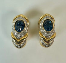 Load image into Gallery viewer, Vintage Nolan Miller Glamour Collection Blue Rhinestone Half Hoop Clip Earrings (1")

