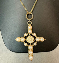 Load image into Gallery viewer, Vintage Goldtone Faux Pearl 3.25" Cross Pendant on 30" Chain

