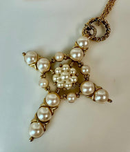 Load image into Gallery viewer, Vintage Goldtone Faux Pearl 3.25" Cross Pendant on 30" Chain
