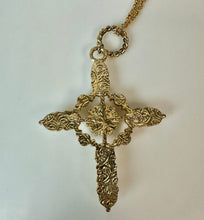 Load image into Gallery viewer, Vintage Goldtone Faux Pearl 3.25" Cross Pendant on 30" Chain
