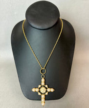Load image into Gallery viewer, Vintage Goldtone Faux Pearl 3.25" Cross Pendant on 30" Chain
