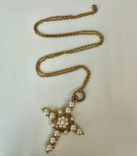 Load image into Gallery viewer, Vintage Goldtone Faux Pearl 3.25" Cross Pendant on 30" Chain
