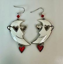 Load image into Gallery viewer, Vintage Edgar Berebi Silvertone Enamel Crescent Moon Heart Dangle Earrings (2.5")
