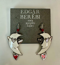 Load image into Gallery viewer, Vintage Edgar Berebi Silvertone Enamel Crescent Moon Heart Dangle Earrings (2.5")

