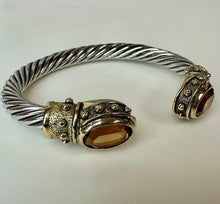 Load image into Gallery viewer, Vintage Two-Tone Twisted Cable Cuff Amber Rhinestone Cuff Bracelet
