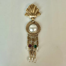 Load image into Gallery viewer, Vintage Brushed Goldtone Faux Pearl Purple &amp; Green Crystal Chain Dangle Brooch Pin (4.5")
