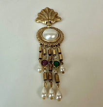 Load image into Gallery viewer, Vintage Brushed Goldtone Faux Pearl Purple &amp; Green Crystal Chain Dangle Brooch Pin (4.5")
