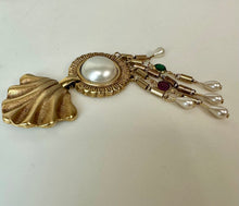 Load image into Gallery viewer, Vintage Brushed Goldtone Faux Pearl Purple &amp; Green Crystal Chain Dangle Brooch Pin (4.5")
