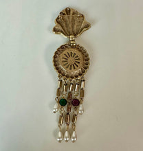 Load image into Gallery viewer, Vintage Brushed Goldtone Faux Pearl Purple &amp; Green Crystal Chain Dangle Brooch Pin (4.5")
