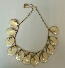 Load image into Gallery viewer, Vintage Brushed Goldtone Ivory Resin Reversible Modernist Petal Charm Necklace (16")
