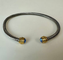 Load image into Gallery viewer, Two-Tone Stainless Steel Flexible Coil Cuff Bracelet w/ Blue Crystal Ends
