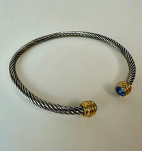 Load image into Gallery viewer, Two-Tone Stainless Steel Flexible Coil Cuff Bracelet w/ Blue Crystal Ends
