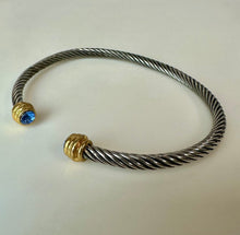 Load image into Gallery viewer, Two-Tone Stainless Steel Flexible Coil Cuff Bracelet w/ Blue Crystal Ends
