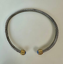 Load image into Gallery viewer, Two-Tone Stainless Steel Flexible Coil Cuff Bracelet w/ Blue Crystal Ends
