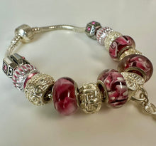 Load image into Gallery viewer, Sterling Pandora-Style 7.5" Bracelet w/ Pink Charms
