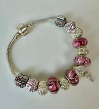 Load image into Gallery viewer, Sterling Pandora-Style 7.5" Bracelet w/ Pink Charms
