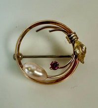 Load image into Gallery viewer, Vintage Krementz Gold Plated Cultured Pearl Ruby Circle Brooch Pin in Original Box (0.75")
