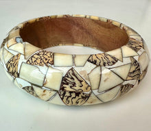 Load image into Gallery viewer, Vintage Wood Bone Mosaic Inlay Bangle Bracelet (8" Circumference)
