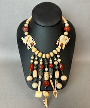 Load image into Gallery viewer, Vintage Bohemian Carved Bone Carnelian Silvertone Beaded Fringe Statement Necklace (22")

