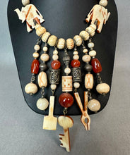 Load image into Gallery viewer, Vintage Bohemian Carved Bone Carnelian Silvertone Beaded Fringe Statement Necklace (22")
