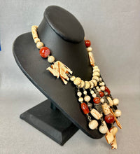 Load image into Gallery viewer, Vintage Bohemian Carved Bone Carnelian Silvertone Beaded Fringe Statement Necklace (22")
