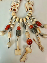 Load image into Gallery viewer, Vintage Bohemian Carved Bone Carnelian Silvertone Beaded Fringe Statement Necklace (22")
