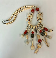 Load image into Gallery viewer, Vintage Bohemian Carved Bone Carnelian Silvertone Beaded Fringe Statement Necklace (22")
